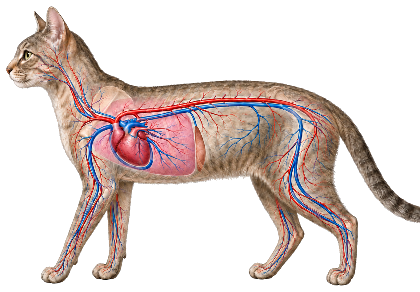 Gato com sistema cardiovascular ao centro do mapa mental